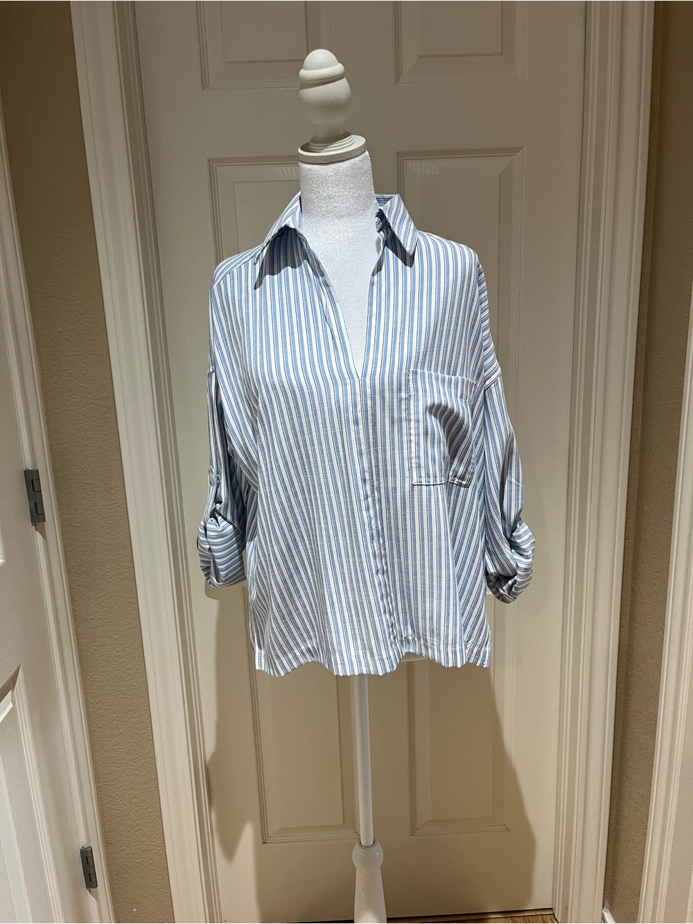 Max Studio Blue & White Striped Poplin Shirt